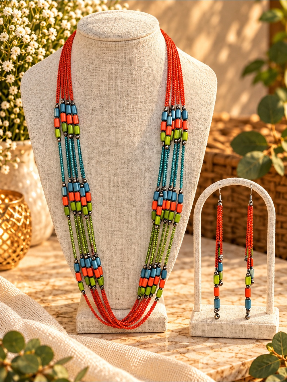Colorful Boho Multi Strand Necklace & Dangle Earrings Set